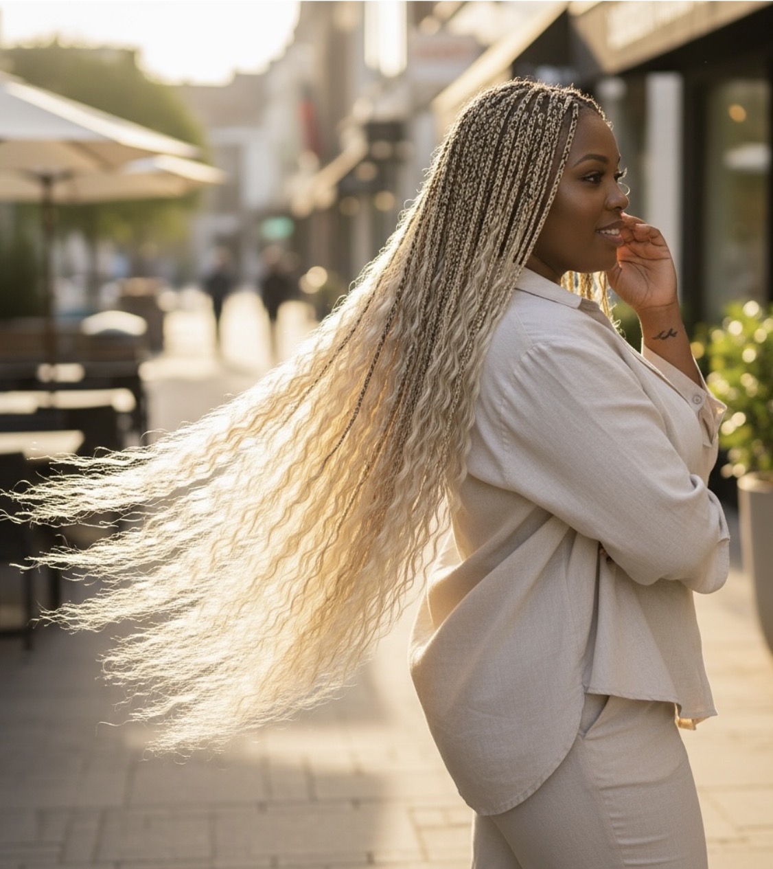 Model with long honey-blonde boho braids and wavy ends in golden evening light