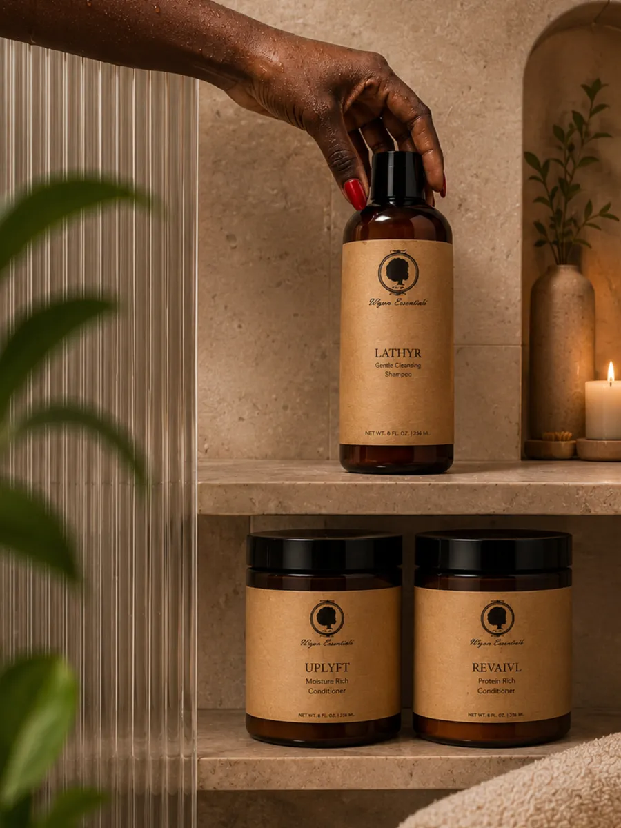 Wynn Essentials Lathyr, Uplyft, and Revaivl styled on a spa bathroom shelf