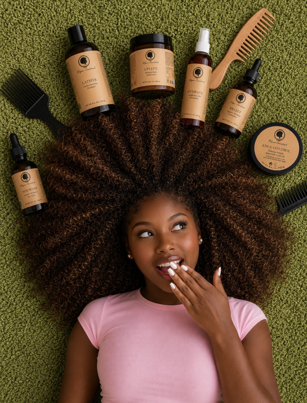 Model surrounded by Wynn Essentials hair wellness products and styling tools